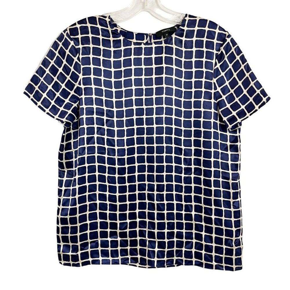 Theory Tile Print Satin Short Sleeve‎ Silk Blouse Navy Blue - Size Medium
